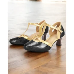 Women's Green and Gold T-Strap Shoes with Snakeskin Pattern Mid Heel and Vintage Style for Ballroom Performances and Formal Events