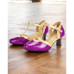 Women's Green and Gold T-Strap Shoes with Snakeskin Pattern Mid Heel and Vintage Style for Ballroom Performances and Formal Events