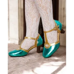 Women's Green and Gold T-Strap Shoes with Snakeskin Pattern Mid Heel and Vintage Style for Ballroom Performances and Formal Events