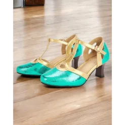 Women's Green and Gold T-Strap Shoes with Snakeskin Pattern Mid Heel and Vintage Style for Ballroom Performances and Formal Events