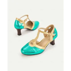 Women's Green and Gold T-Strap Shoes with Snakeskin Pattern Mid Heel and Vintage Style for Ballroom Performances and Formal Events