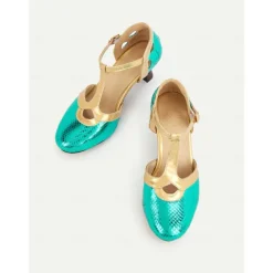 Women's Green and Gold T-Strap Shoes with Snakeskin Pattern Mid Heel and Vintage Style for Ballroom Performances and Formal Events