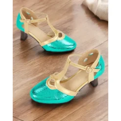 Women's Green and Gold T-Strap Shoes with Snakeskin Pattern Mid Heel and Vintage Style for Ballroom Performances and Formal Events