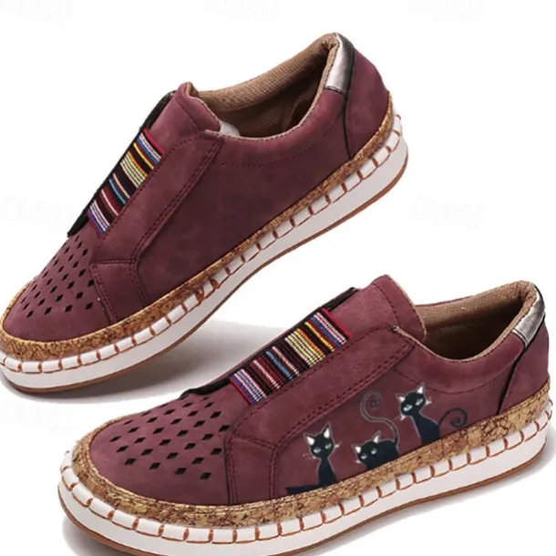 Women's Green Cat Print Slip-On Casual Sneakers – Breathable Loafers with Elastic Panel for Walking, Travel & Everyday Wear