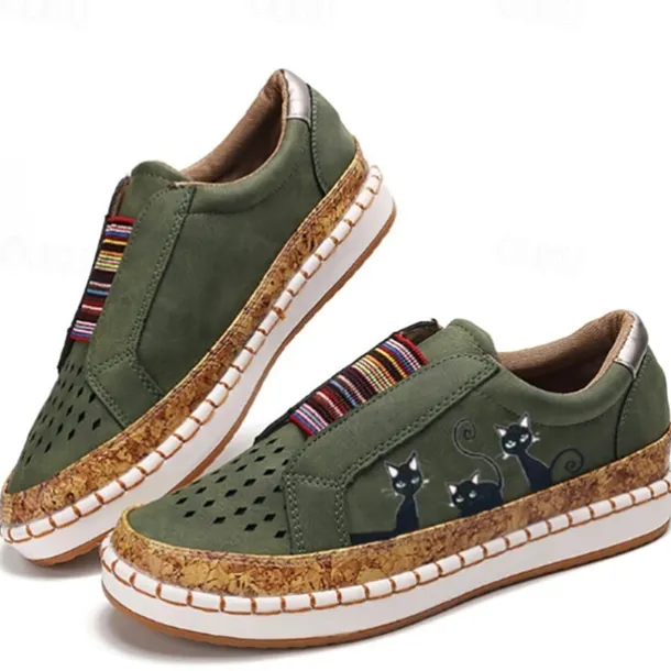 Women's Green Cat Print Slip-On Casual Sneakers – Breathable Loafers with Elastic Panel for Walking, Travel & Everyday Wear
