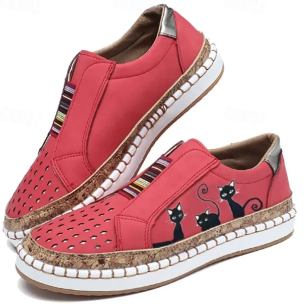 Women's Green Cat Print Slip-On Casual Sneakers – Breathable Loafers with Elastic Panel for Walking, Travel & Everyday Wear