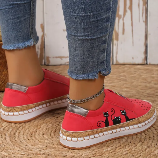 Women's Green Cat Print Slip-On Casual Sneakers – Breathable Loafers with Elastic Panel for Walking, Travel & Everyday Wear