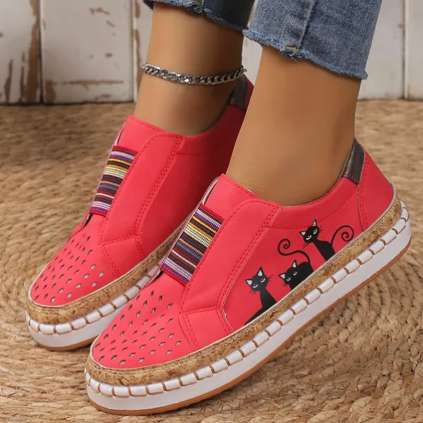 Women's Green Cat Print Slip-On Casual Sneakers – Breathable Loafers with Elastic Panel for Walking, Travel & Everyday Wear