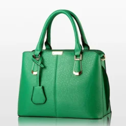Women's Green Faux Leather Handbag – Elegant Structured Tote Bag with Gold Accents for Work, Travel & Everyday Use