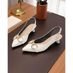 Women's Green Glossy Slingback Kitten Heels with Buckle Detail – Elegant Pointed Toe Pumps, Perfect for Office Attire, Conference Looks, Cocktail Events & Summer Work Outfits