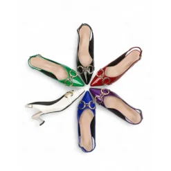 Women's Green Glossy Slingback Kitten Heels with Buckle Detail – Elegant Pointed Toe Pumps, Perfect for Office Attire, Conference Looks, Cocktail Events & Summer Work Outfits