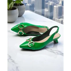Women's Green Glossy Slingback Kitten Heels with Buckle Detail – Elegant Pointed Toe Pumps, Perfect for Office Attire, Conference Looks, Cocktail Events & Summer Work Outfits