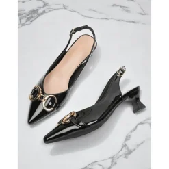 Women's Green Glossy Slingback Kitten Heels with Buckle Detail – Elegant Pointed Toe Pumps, Perfect for Office Attire, Conference Looks, Cocktail Events & Summer Work Outfits