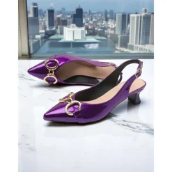 Women's Green Glossy Slingback Kitten Heels with Buckle Detail – Elegant Pointed Toe Pumps, Perfect for Office Attire, Conference Looks, Cocktail Events & Summer Work Outfits