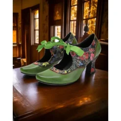 Women's Green Leather Mary Jane Heels with Floral Print, Ribbon Ties, and Retro Style - Perfect for Vintage-Themed Events and Daily Elegance