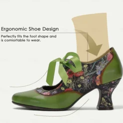 Women's Green Leather Mary Jane Heels with Floral Print, Ribbon Ties, and Retro Style - Perfect for Vintage-Themed Events and Daily Elegance