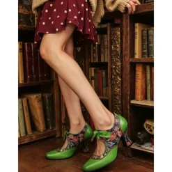 Women's Green Leather Mary Jane Heels with Floral Print, Ribbon Ties, and Retro Style - Perfect for Vintage-Themed Events and Daily Elegance