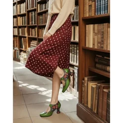 Women's Green Leather Mary Jane Heels with Floral Print, Ribbon Ties, and Retro Style - Perfect for Vintage-Themed Events and Daily Elegance