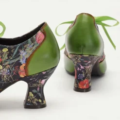 Women's Green Leather Mary Jane Heels with Floral Print, Ribbon Ties, and Retro Style - Perfect for Vintage-Themed Events and Daily Elegance