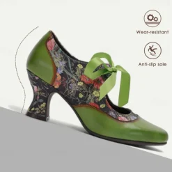 Women's Green Leather Mary Jane Heels with Floral Print, Ribbon Ties, and Retro Style - Perfect for Vintage-Themed Events and Daily Elegance
