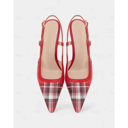 Women's Green Plaid Slingback Stiletto Heels – Retro Tartan Pointed Toe High Heels for Spring Parties, Afternoon Teas, and Vintage-Inspired Looks