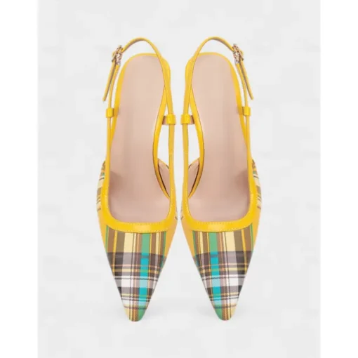 Women's Green Plaid Slingback Stiletto Heels – Retro Tartan Pointed Toe High Heels for Spring Parties, Afternoon Teas, and Vintage-Inspired Looks
