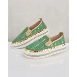 Women's Green Rhinestone Embellished Slip-On Sneakers with Chunky Sole - Glamorous Casual Shoes for Parties and Everyday Wear