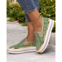 Women's Green Rhinestone Embellished Slip-On Sneakers with Chunky Sole - Glamorous Casual Shoes for Parties and Everyday Wear