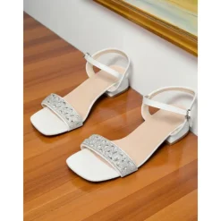 Women's Green Rhinestone Low Block Heel Sandals - Elegant Open-Toe Ankle Strap Shoes for Daily Dates and Summer Outings