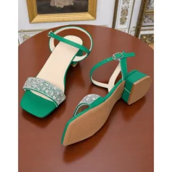 Women's Green Rhinestone Low Block Heel Sandals - Elegant Open-Toe Ankle Strap Shoes for Daily Dates and Summer Outings