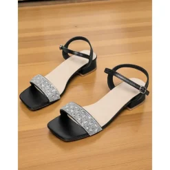 Women's Green Rhinestone Low Block Heel Sandals - Elegant Open-Toe Ankle Strap Shoes for Daily Dates and Summer Outings