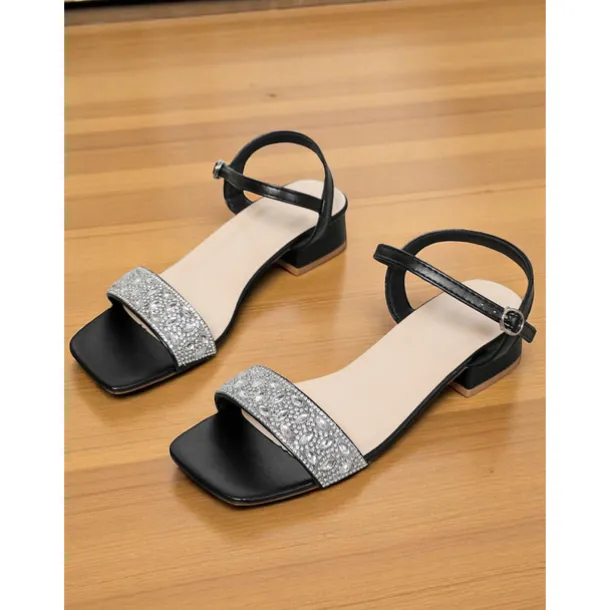 Women's Green Rhinestone Low Block Heel Sandals - Elegant Open-Toe Ankle Strap Shoes for Daily Dates and Summer Outings