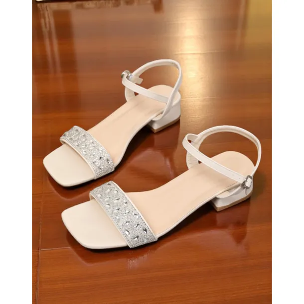 Women's Green Rhinestone Low Block Heel Sandals - Elegant Open-Toe Ankle Strap Shoes for Daily Dates and Summer Outings
