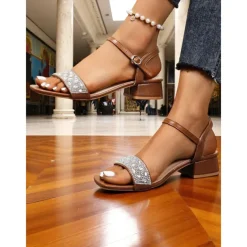 Women's Green Rhinestone Low Block Heel Sandals - Elegant Open-Toe Ankle Strap Shoes for Daily Dates and Summer Outings