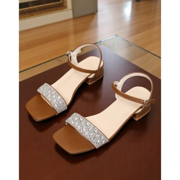 Women's Green Rhinestone Low Block Heel Sandals - Elegant Open-Toe Ankle Strap Shoes for Daily Dates and Summer Outings