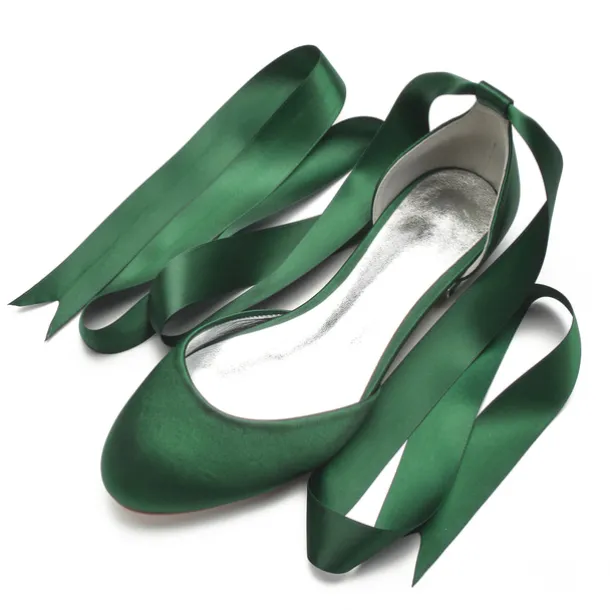 Women's Green Satin Ballet Flats with Long Ribbon Ties, Elegant and Comfortable Shoes for Weddings and Special Occasions