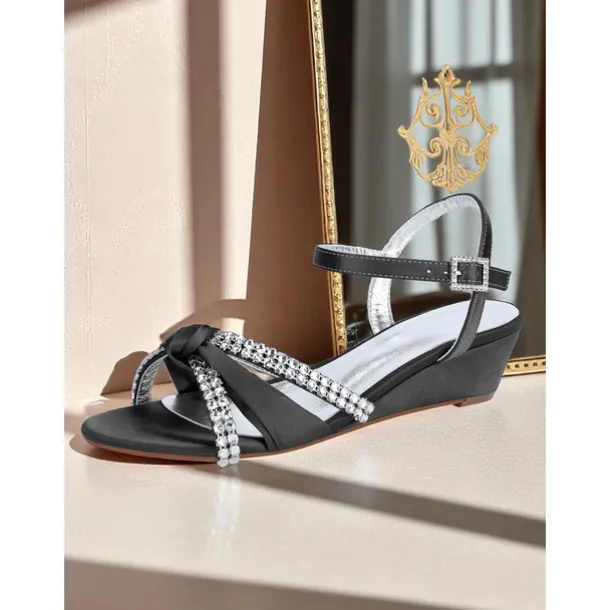 Women's Green Satin Wedge Sandals - Rhinestone Knot Dress Shoes with Ankle Strap for Elegant Banquets and Cocktail Parties