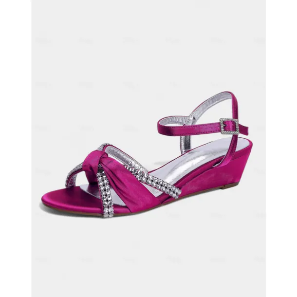 Women's Green Satin Wedge Sandals - Rhinestone Knot Dress Shoes with Ankle Strap for Elegant Banquets and Cocktail Parties