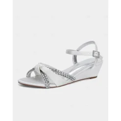 Women's Green Satin Wedge Sandals - Rhinestone Knot Dress Shoes with Ankle Strap for Elegant Banquets and Cocktail Parties