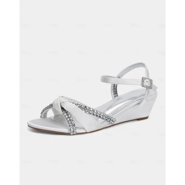 Women's Green Satin Wedge Sandals - Rhinestone Knot Dress Shoes with Ankle Strap for Elegant Banquets and Cocktail Parties