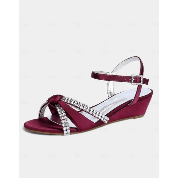 Women's Green Satin Wedge Sandals - Rhinestone Knot Dress Shoes with Ankle Strap for Elegant Banquets and Cocktail Parties