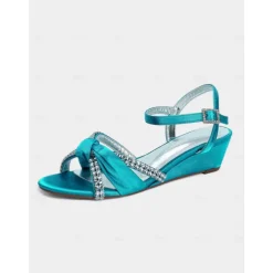 Women's Green Satin Wedge Sandals - Rhinestone Knot Dress Shoes with Ankle Strap for Elegant Banquets and Cocktail Parties