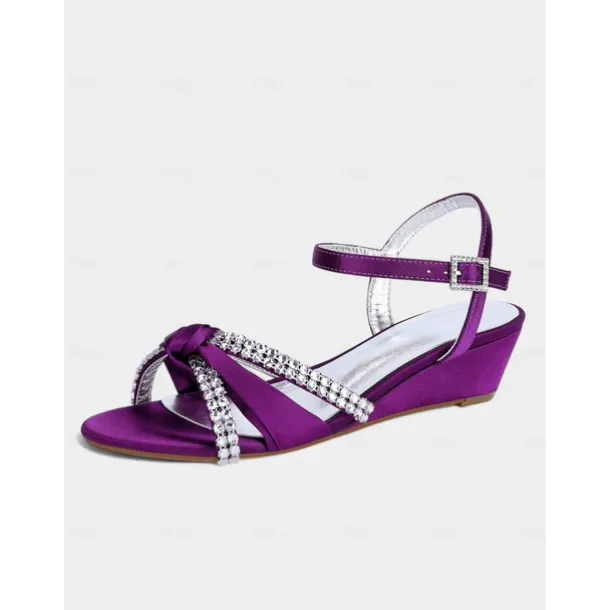 Women's Green Satin Wedge Sandals - Rhinestone Knot Dress Shoes with Ankle Strap for Elegant Banquets and Cocktail Parties