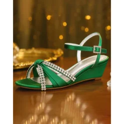 Women's Green Satin Wedge Sandals - Rhinestone Knot Dress Shoes with Ankle Strap for Elegant Banquets and Cocktail Parties