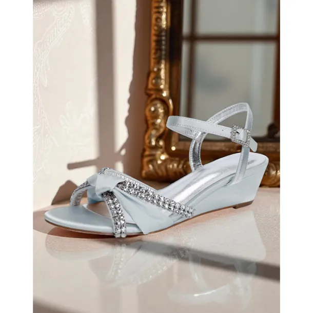 Women's Green Satin Wedge Sandals - Rhinestone Knot Dress Shoes with Ankle Strap for Elegant Banquets and Cocktail Parties