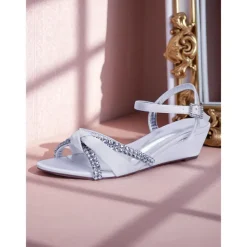 Women's Green Satin Wedge Sandals - Rhinestone Knot Dress Shoes with Ankle Strap for Elegant Banquets and Cocktail Parties