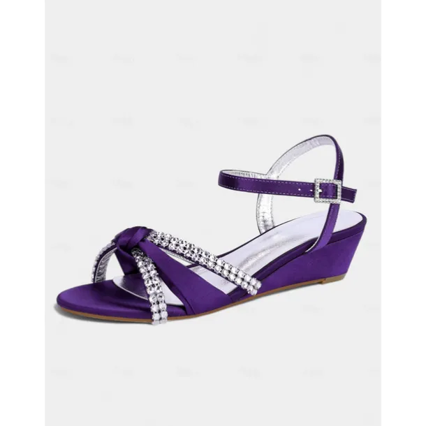 Women's Green Satin Wedge Sandals - Rhinestone Knot Dress Shoes with Ankle Strap for Elegant Banquets and Cocktail Parties