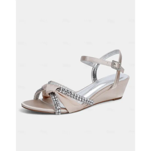 Women's Green Satin Wedge Sandals - Rhinestone Knot Dress Shoes with Ankle Strap for Elegant Banquets and Cocktail Parties