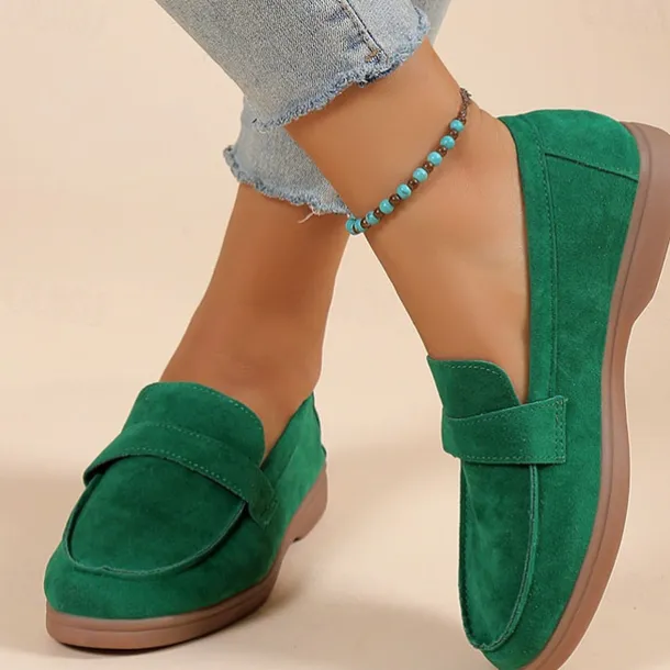 Women's Green Suede Loafers – Comfortable Slip-On Flat Shoes for Casual Wear, Walking & Daily Outfits
