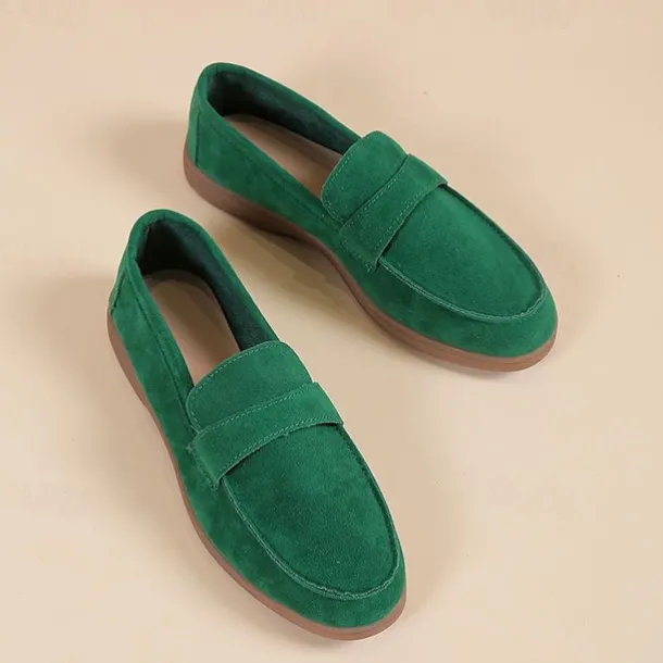 Women's Green Suede Loafers – Comfortable Slip-On Flat Shoes for Casual Wear, Walking & Daily Outfits